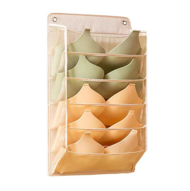 HOUSE OF QUIRK House of Quirk Durable Transparent Design Wardrobe Hanging Sock Organizer with 6 Mesh Pockets SpaceSaving Storage Hanging Bag for Underpants Lingerie Panties Socks Beige  - Image 1