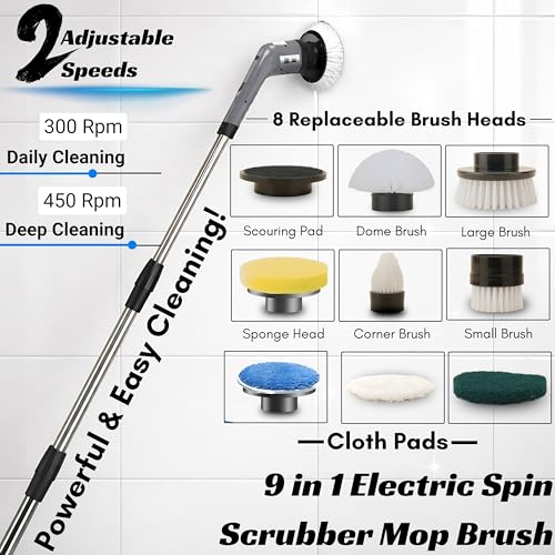 Goodscity 9 in 1 Electric Spin Scrubber Mop Brush| Multi Purpose Cleaning for Home, Glass, Floor, Tiles, Bathroom, Car| 9 Replaceable Brush Heads| Rechargeable|2 Speed |90 min Working|1 Yr Warranty - Image 4