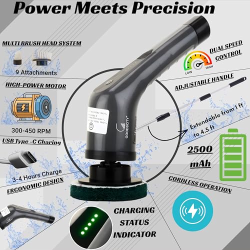 Goodscity 9 in 1 Electric Spin Scrubber Mop Brush| Multi Purpose Cleaning for Home, Glass, Floor, Tiles, Bathroom, Car| 9 Replaceable Brush Heads| Rechargeable|2 Speed |90 min Working|1 Yr Warranty - Image 3