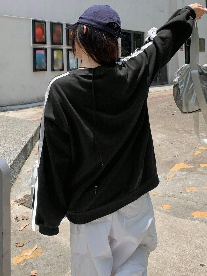 SXV STYLE Women's Black Sweatshirt with White Ribbon Sleeve Detail, Oversized Casual Pullover (in, Alpha, M, Black) - Image 5