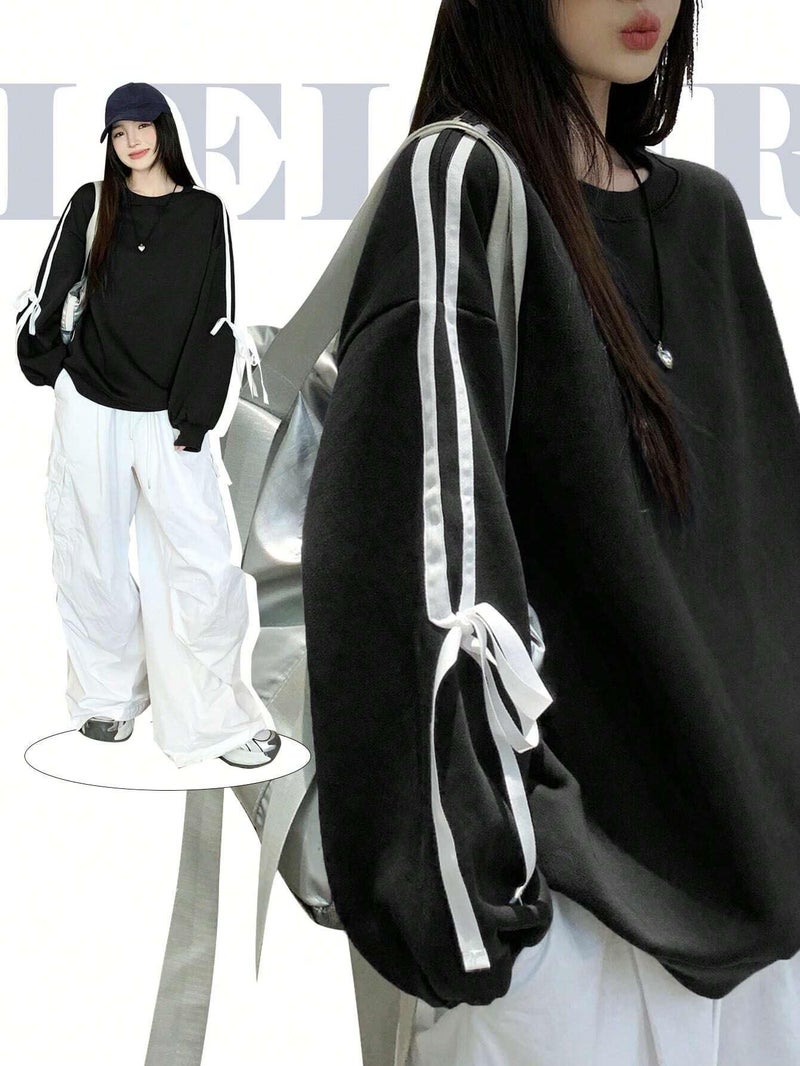 SXV STYLE Women's Black Sweatshirt with White Ribbon Sleeve Detail, Oversized Casual Pullover (in, Alpha, M, Black) - Image 4