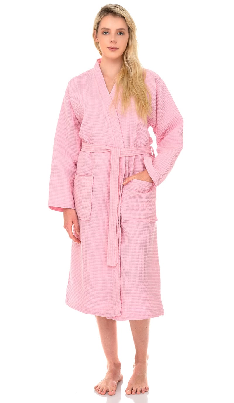 TowelSelections Womens Robe Waffle Kimono Spa Bathrobe Soft Lightweight Bath Robe for Women Medium-Large Pink - Image 1