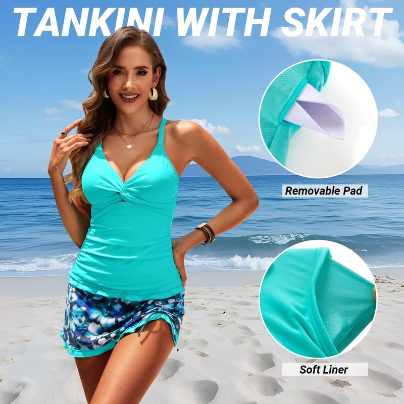 Daci Aqua Floral Womens Tankini Swimsuits with Skirt - 2 Piece Tummy Control Bathing Suits Knot Twist Tankini Sets 2025 XL - Image 4