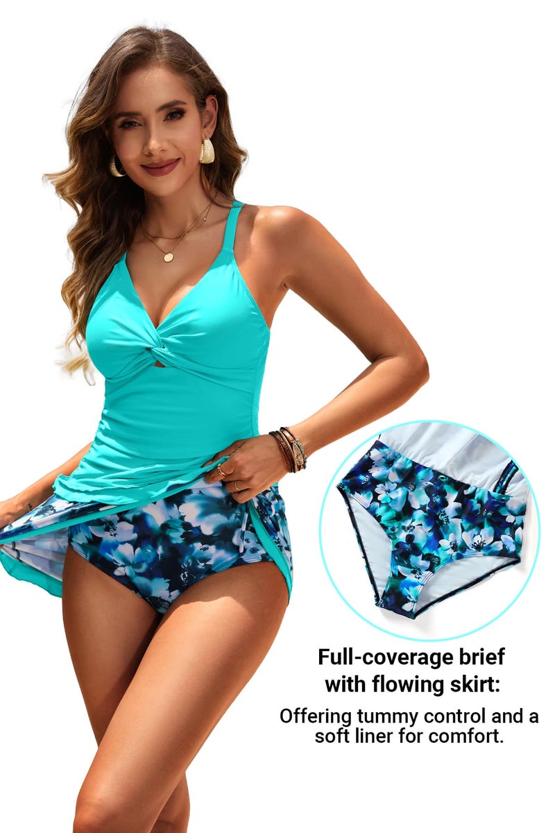Daci Aqua Floral Womens Tankini Swimsuits with Skirt - 2 Piece Tummy Control Bathing Suits Knot Twist Tankini Sets 2025 XL - Image 5