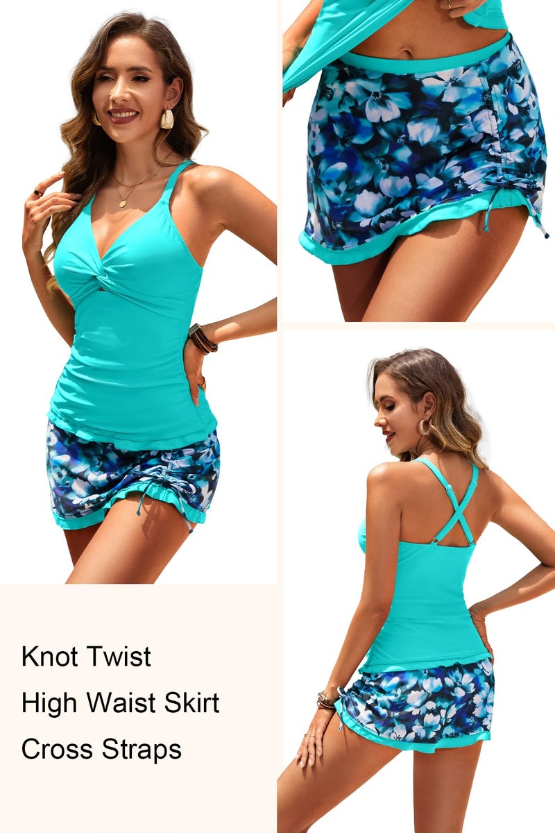 Daci Aqua Floral Womens Tankini Swimsuits with Skirt - 2 Piece Tummy Control Bathing Suits Knot Twist Tankini Sets 2025 XL - Image 2