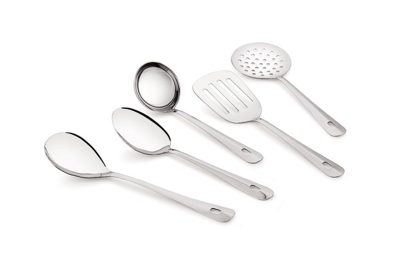 TIARA Lara 5pc Set Serving Cooking Spoon 1.2 mm Thickness Stainless Steel ladle, Rice Spoon, Skimmer, Round Spoon, Basting Spoon (5 Pc Serving Set) - Image 1