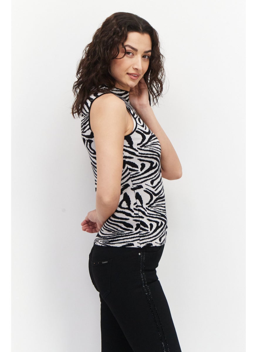 CARMEN MARC VALVO - Women Mock Neck Animal Print Tank Top, Black - Image 1