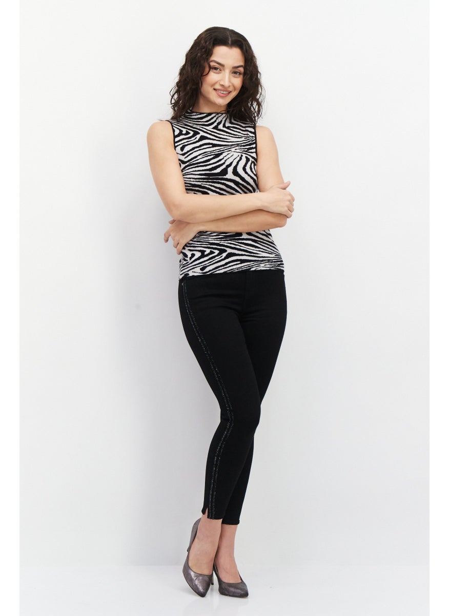 CARMEN MARC VALVO - Women Mock Neck Animal Print Tank Top, Black - Image 1