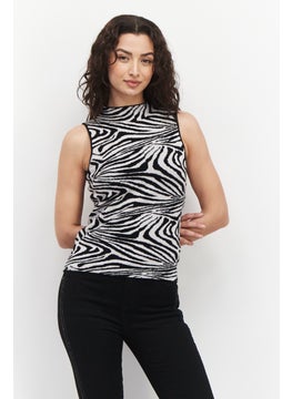 Women Mock Neck Animal Print Tank Top, Black