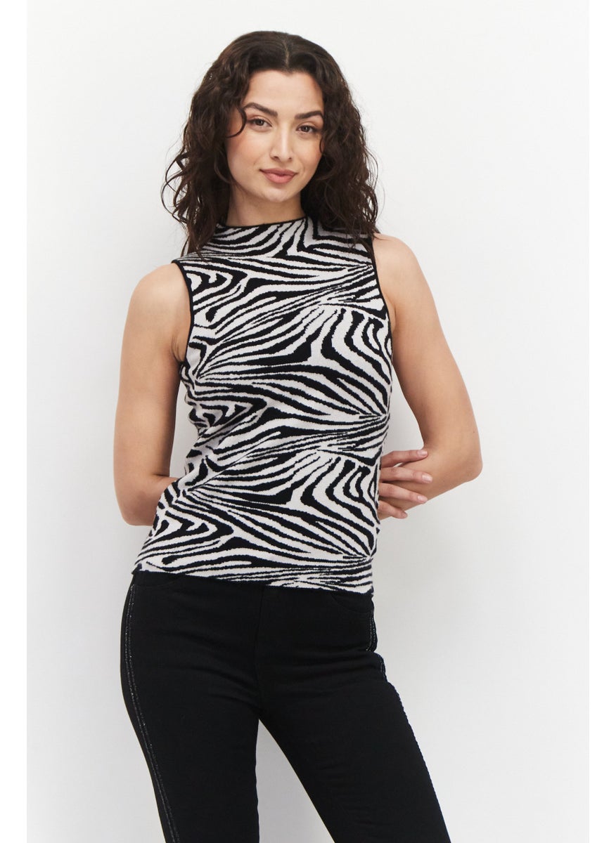 CARMEN MARC VALVO - Women Mock Neck Animal Print Tank Top, Black - Image 1