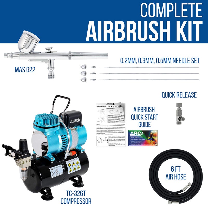 Master Airbrush مجموعة نظام ضاغط الهواء مع خزان مزدوج المروحة Master Airbrush Cool Runner II مع مجموعة G222 Pro Set Airbrush مع 3 رؤوس 0.2 و 0.3 و 0.5 مم - خرطوم، حامل، دليل كيفية الاستخدام - هواية، سيارات، كعك، وشم - Image 2