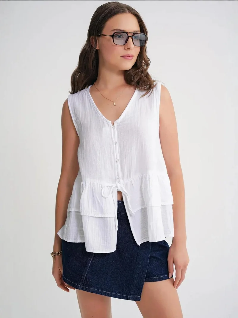 MixRay Mixray V-Neck Buttoned Cotton Blouse