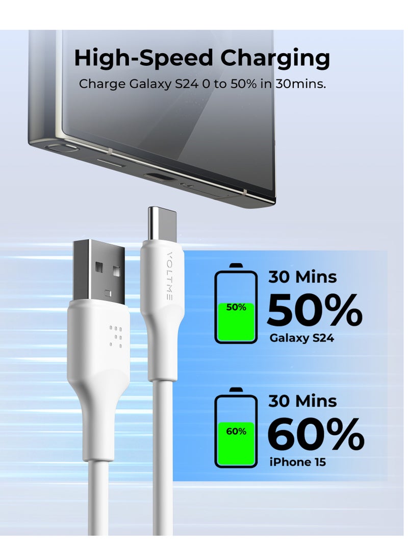 VOLTME 60W USB Type A to Type C Fast Charging Cable 1.2m (4.0ft), Durable Silicone, Compatible with iPhone 16/15/15 Pro/15 Plus/15 Pro Max, iPad Mini 6/Pro 2022, MacBook Air, Samsung Galaxy S25/S24/S23, and All Type C Enabled Devices - Tangle-Free, Supports High-Speed ​​Data Transfer - White  - Image 3