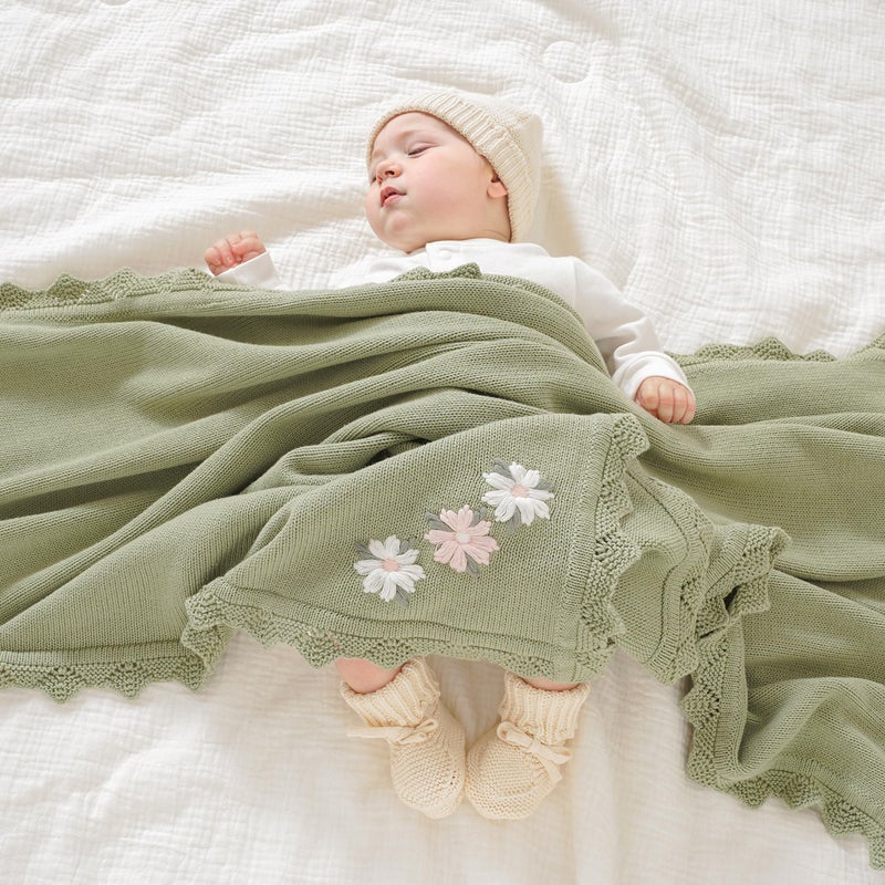 LAWKUL Baby Blanket 100% Traceable Cotton Knit Receiving Blankets Infant Swaddle for Newbron Boy Girls 40"x30" Green Floral - Image 2
