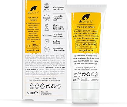 dr.organic سيروم دكتور أورجانيك فيتامين E لعلاج الندبات وعلامات التمدد مرطب لجميع أنواع البشرة طبيعي نباتي خالي من القسوة خالي من البارابين وخالي من SLS 50 مل قد يختلف التغليف - Image 3