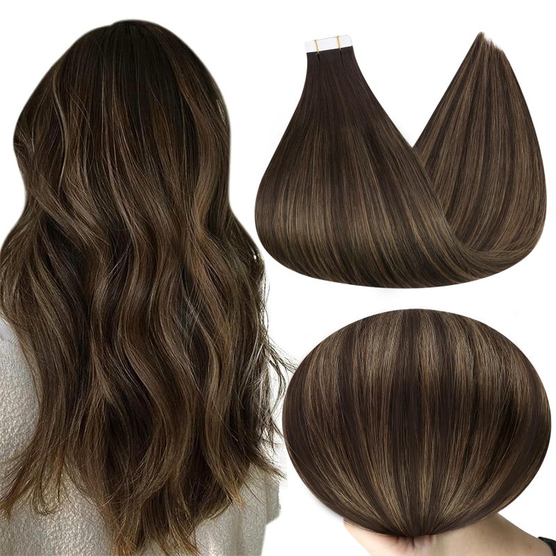 Full Shine Tape in Human Hair Extensions 18 Inch Adhesive Hair Extensions 50G 20Pcs Glue on Hair Extension Color 2 Darkest Brown Ombre 8 Ash Brown and 2 Seamless Tape in Hair Extensions for Wedding - Image 1