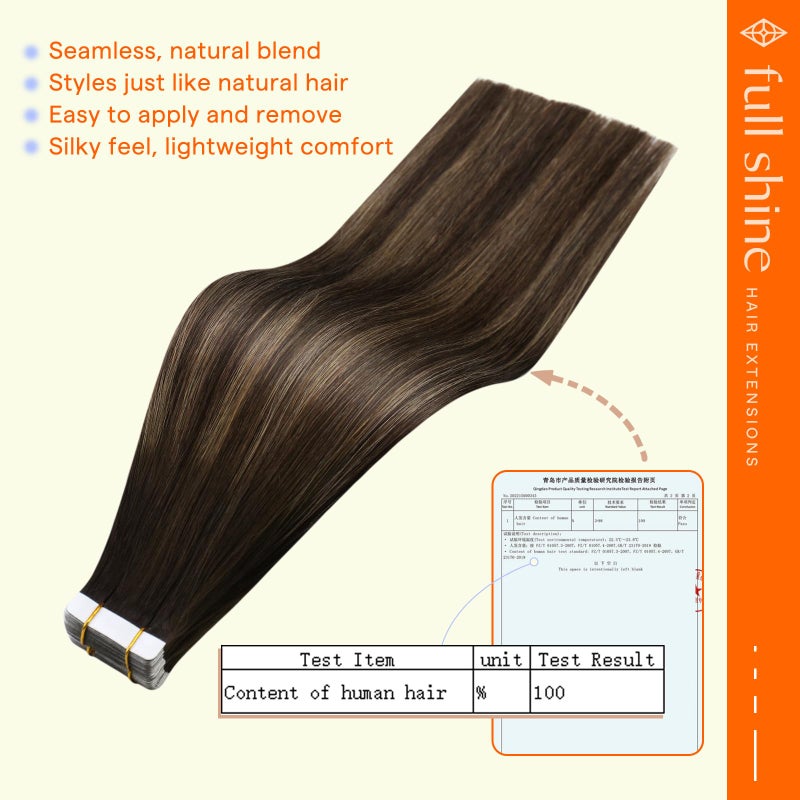 Full Shine Tape in Human Hair Extensions 18 Inch Adhesive Hair Extensions 50G 20Pcs Glue on Hair Extension Color 2 Darkest Brown Ombre 8 Ash Brown and 2 Seamless Tape in Hair Extensions for Wedding - Image 3