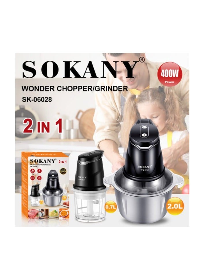 sokany Sokany 400W 2 in 1 Meat and Vegetable Chopper with 2 Jars: 2L stainless steel jar and 0.7L acrylic jar. Stainless steel blades - 06028-S - 1 year warranty - Image 1
