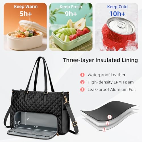 KKXIU Updated 2in1 Insulated Lunch Bag 156 Inch Laptop Tote for Women Large Capacity Thermal Meal Bag with Padded Laptop Compartment Quilted Work Bag for Office Teacher Commuter Black - Image 3