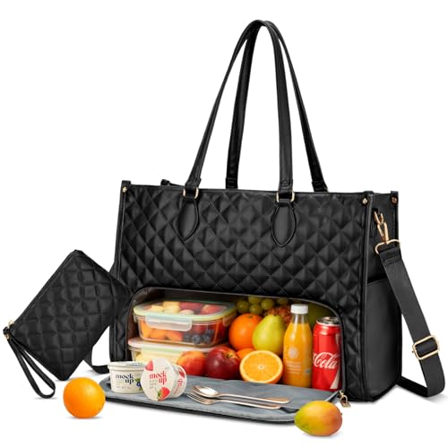 KKXIU Updated 2in1 Insulated Lunch Bag 156 Inch Laptop Tote for Women Large Capacity Thermal Meal Bag with Padded Laptop Compartment Quilted Work Bag for Office Teacher Commuter Black - Image 1