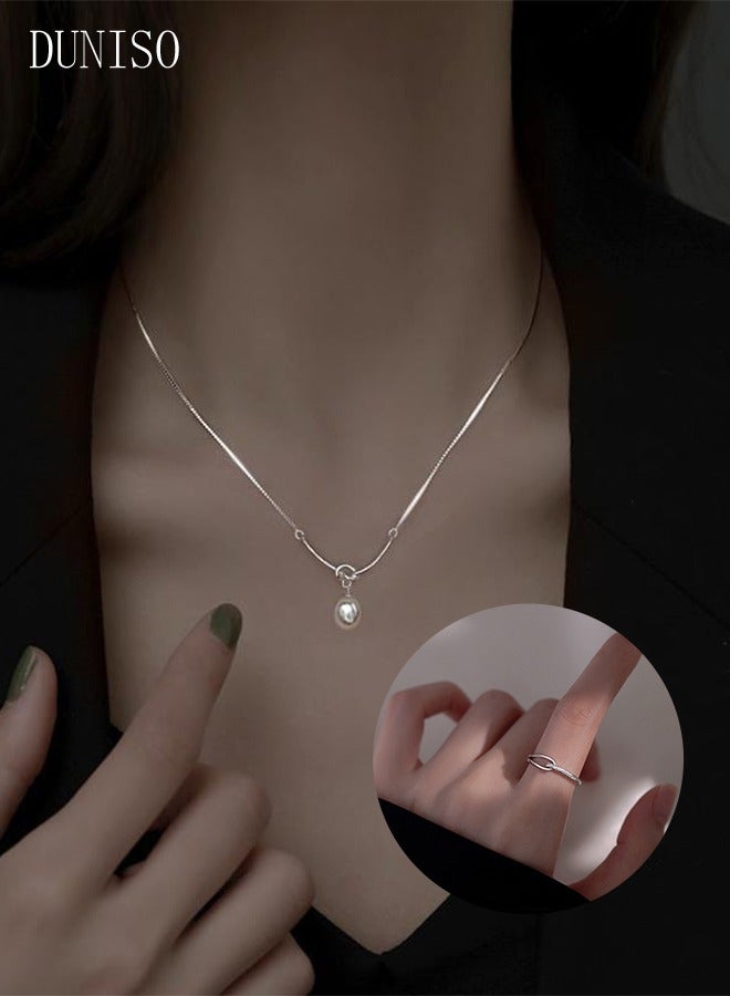 DUNISO Pearl Pendant and Ring Set Gift Stainless Fashion Pendant Jewelry Set for Women - Image 1
