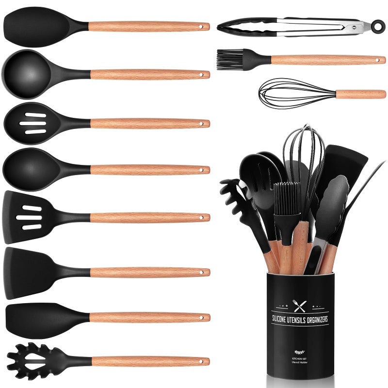 12 PCS Kitchen Utensil Set Silicone Cooking Utensils with Holder Natural Wooden Handle Cookware Tongs Spatula Spoon Set Non Stick  Heat Resistant Dishwasher Safe Black