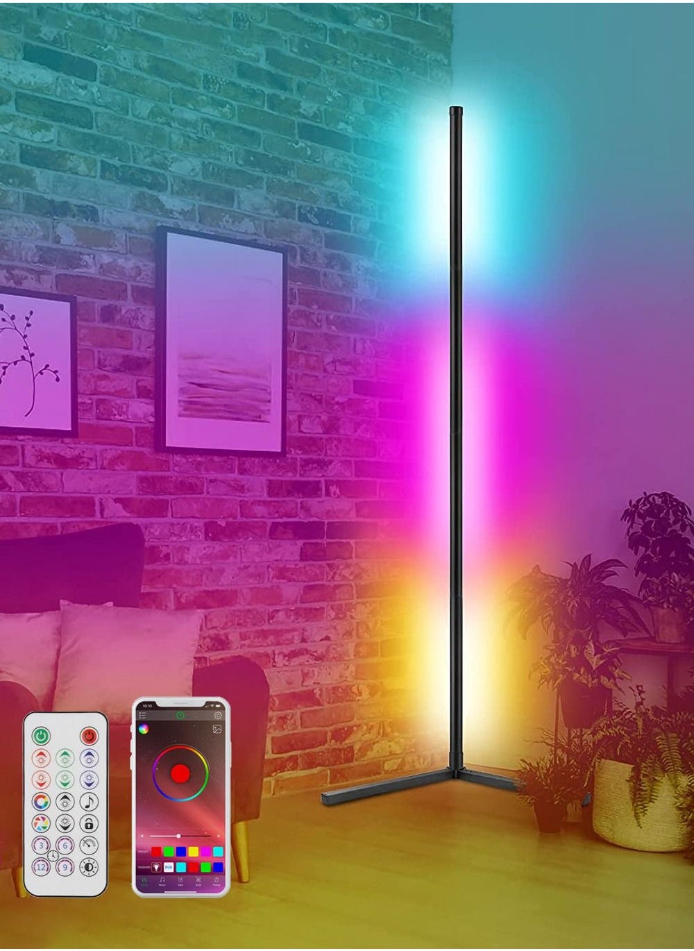 Corner Smart RGB LED Floor Lamp, Dimmable with Music Sync Color Changing APP Control Remote 118cm , UK Plug, 20W 