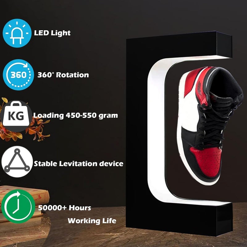 Floatidea Floating Shoe Display Magnetic Levitating Sneaker Stand Holder Rotation Acrylic Rack with LED Light for Gift Advertising Exhibition Storefront shop up to Size 13 Big Shoes (Black Without Shoe) - Image 2