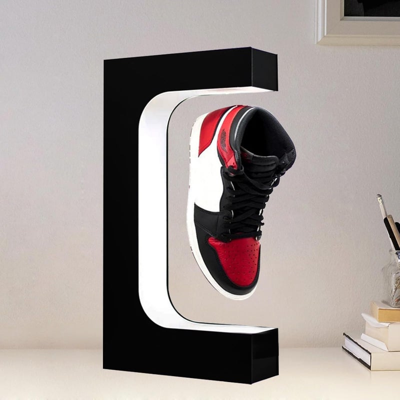 Floatidea Floating Shoe Display Magnetic Levitating Sneaker Stand Holder Rotation Acrylic Rack with LED Light for Gift Advertising Exhibition Storefront shop up to Size 13 Big Shoes (Black Without Shoe) - Image 1