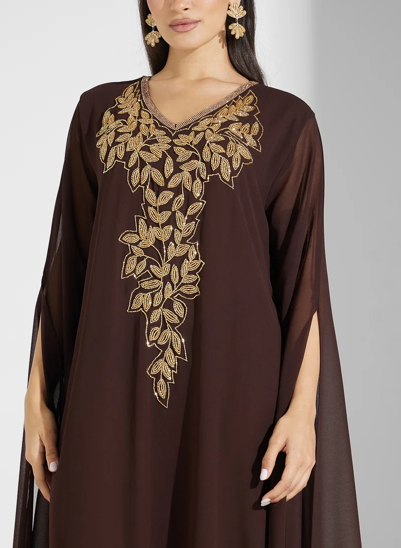 hayas closet V-Neck Embroidered Neck Flared Sleeve Dress