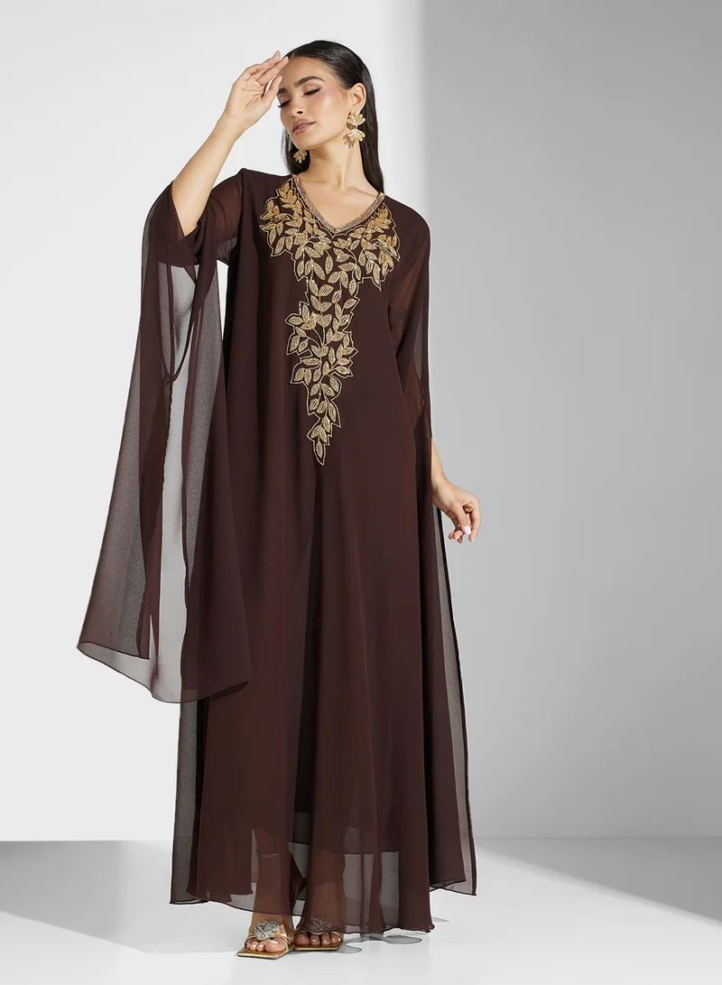 hayas closet V-Neck Embroidered Neck Flared Sleeve Dress