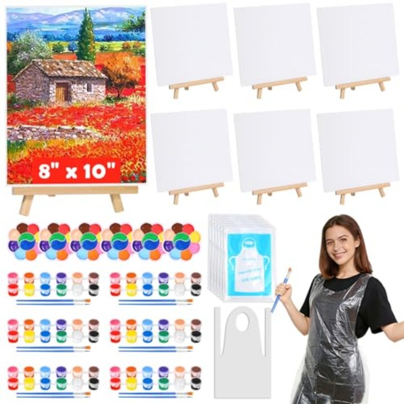 6 Pack Paint and Sip Kit for Adults Couples Day Night Paint Party 8x10 Inch Art Canvas Boards with Easel Stand, Mini Acrylic Paint and Brushes, Paint Trays, Disposable Painting Aprons Set - Image 1