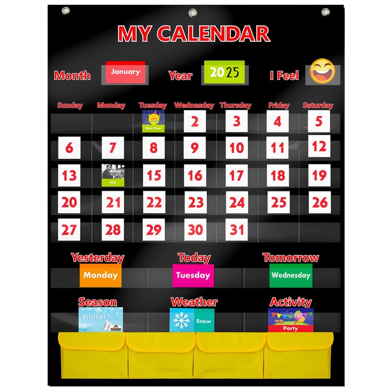 Black Calendar and Weather Pocket Chart with 148 Cards108 Illustrated Activity Cards 40 Dry Erasable Flash Cards and 3 Hooks 28x355