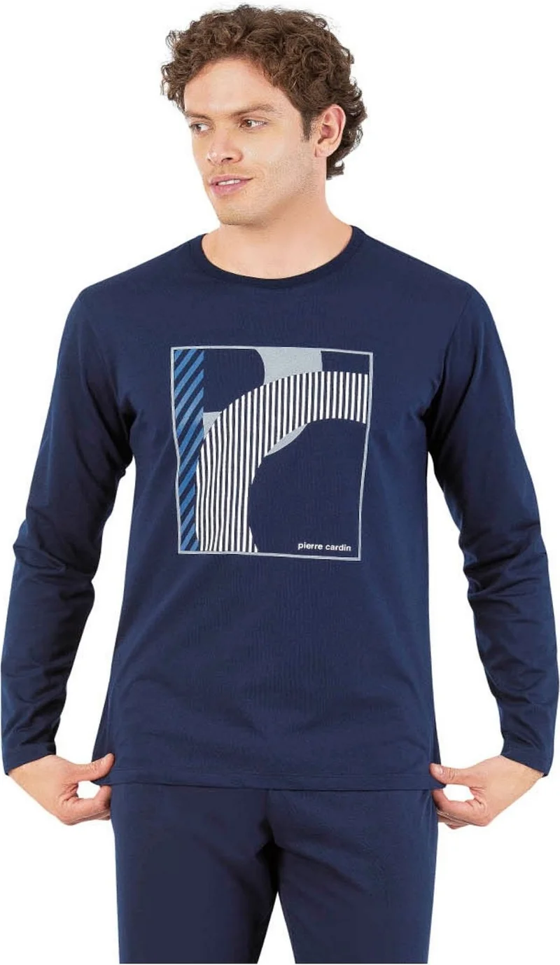 pierre cardin 6060 Men's Long Sleeve Crew Neck Pajama Set-Navy Blue