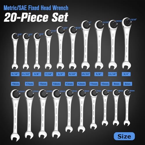 LOSCHEN Metric and SAE 20PCS Ratcheting Combination Wrench Set Spanner Set with Open End CRV Steel Ratcheting Tubing Wrench Set with 72Tooth Gear - Image 3