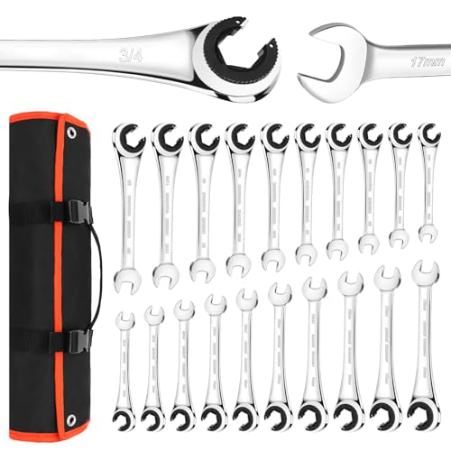 LOSCHEN Metric and SAE 20PCS Ratcheting Combination Wrench Set Spanner Set with Open End CRV Steel Ratcheting Tubing Wrench Set with 72Tooth Gear - Image 1