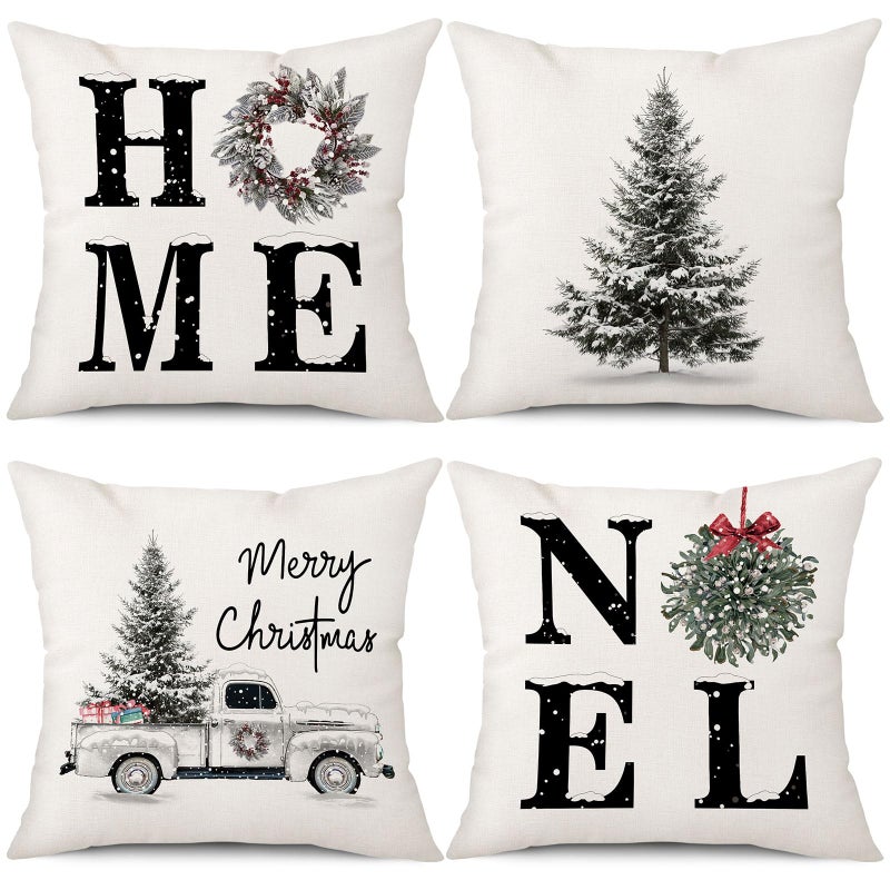 Coeufuedy Christmas Pillow Covers 18x18 Inch Set of 4 Home Noel Truck Christmas Tree Holiday Cushion Covers Farmhouse Christmas Decoration for Sofa Couch Living Room - Image 1