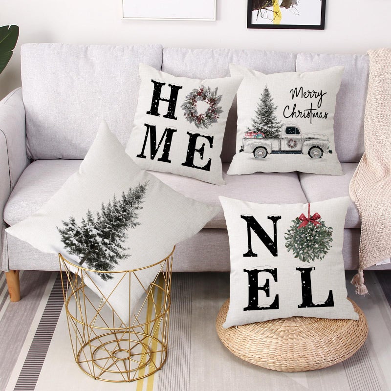 Coeufuedy Christmas Pillow Covers 18x18 Inch Set of 4 Home Noel Truck Christmas Tree Holiday Cushion Covers Farmhouse Christmas Decoration for Sofa Couch Living Room - Image 4