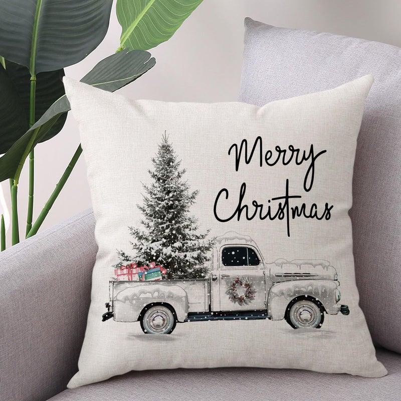 Coeufuedy Christmas Pillow Covers 18x18 Inch Set of 4 Home Noel Truck Christmas Tree Holiday Cushion Covers Farmhouse Christmas Decoration for Sofa Couch Living Room - Image 5