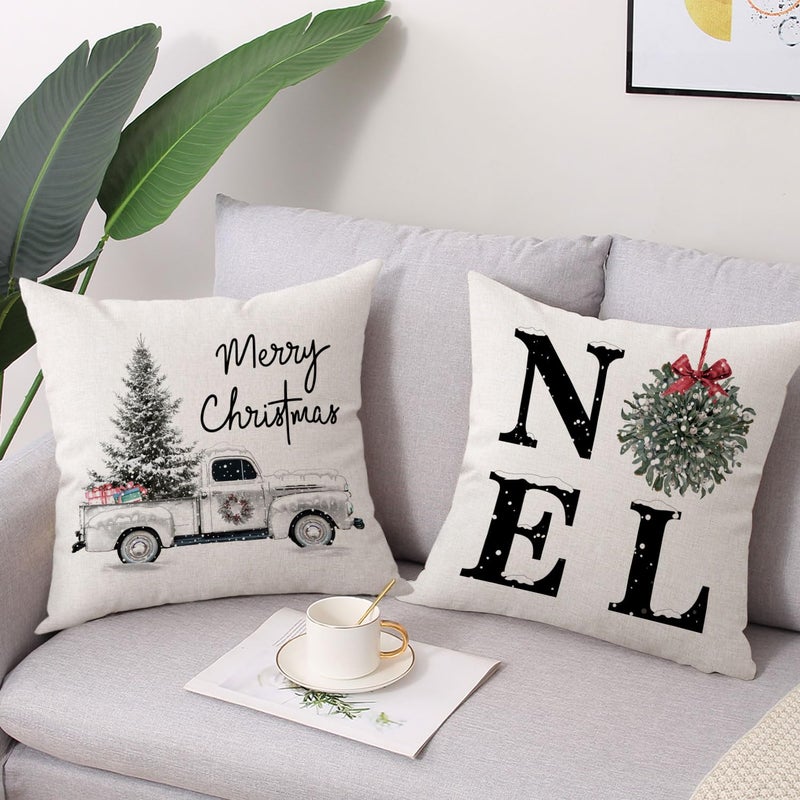 Coeufuedy Christmas Pillow Covers 18x18 Inch Set of 4 Home Noel Truck Christmas Tree Holiday Cushion Covers Farmhouse Christmas Decoration for Sofa Couch Living Room - Image 3