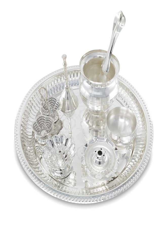 NOBILITY Pooja Thali Set Silver Plated with Red Gift Box Puja Plate Devdas Diya Kalash Bowl Palli Haldi Kumkum Stand Dhup Dan Ghanti for Home Office Diwali Wedding Return Gifts - Image 4