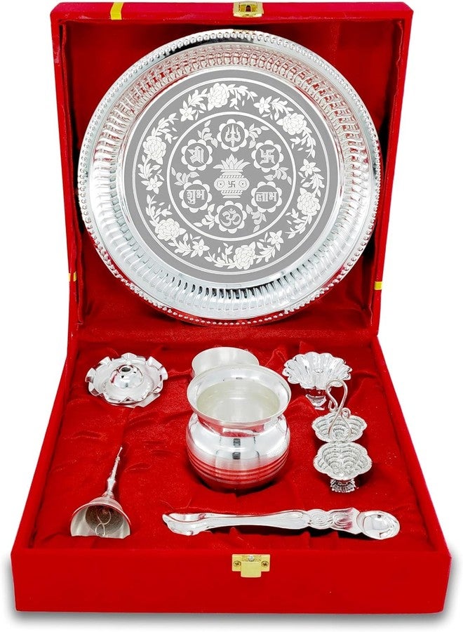 NOBILITY Pooja Thali Set Silver Plated with Red Gift Box Puja Plate Devdas Diya Kalash Bowl Palli Haldi Kumkum Stand Dhup Dan Ghanti for Home Office Diwali Wedding Return Gifts - Image 1