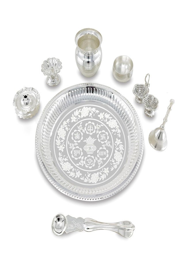 NOBILITY Pooja Thali Set Silver Plated with Red Gift Box Puja Plate Devdas Diya Kalash Bowl Palli Haldi Kumkum Stand Dhup Dan Ghanti for Home Office Diwali Wedding Return Gifts - Image 3