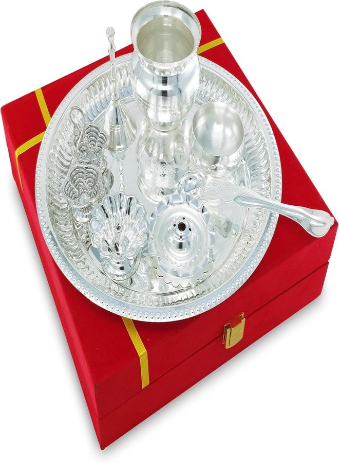 NOBILITY Pooja Thali Set Silver Plated with Red Gift Box Puja Plate Devdas Diya Kalash Bowl Palli Haldi Kumkum Stand Dhup Dan Ghanti for Home Office Diwali Wedding Return Gifts - Image 5