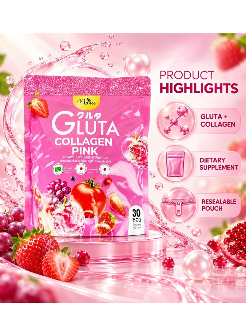 Manee Gluta Collagen Pink Drink Sachets – Glutathione Collagen Supplement for Skin Brightening, Hydration & Anti-Aging Support | 30 Sachets Berry Flavor Beauty Drink - Image 4