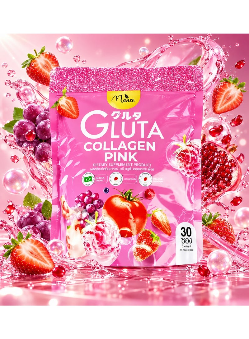 Manee Gluta Collagen Pink Drink Sachets – Glutathione Collagen Supplement for Skin Brightening, Hydration & Anti-Aging Support | 30 Sachets Berry Flavor Beauty Drink - Image 1