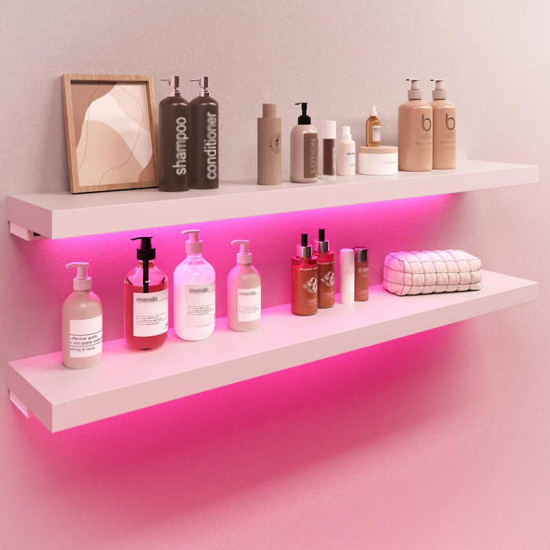BAMEOS RGB LED Floating Shelves for Wall, 35" Wall Mounted Wooden Shelves with Invisible Brackets, Set of 2, Hanging Wall Shelves for Bedroom, Living Room, Kitchen, Study (White) - Image 1