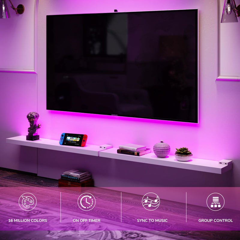 BAMEOS RGB LED Floating Shelves for Wall, 35" Wall Mounted Wooden Shelves with Invisible Brackets, Set of 2, Hanging Wall Shelves for Bedroom, Living Room, Kitchen, Study (White) - Image 2
