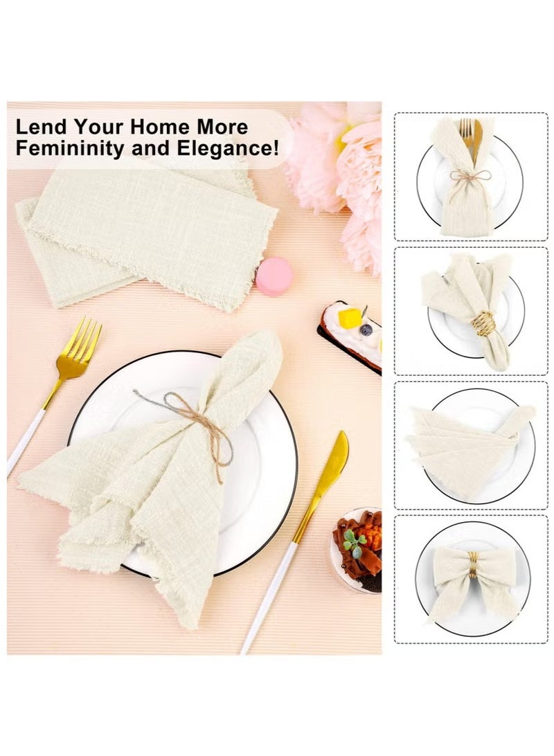 مناديل قماشية من القطن والكتان، 12 قطعة مناديل قماشية مصنوعة يدويًا مع هامش، مناديل عشاء زفاف ناعمة من القماش مربعة الشكل مع هامش لحفلات العشاء والحفلات وحفلات الزفاف ومناديل زفاف عاجية اللون - Image 3