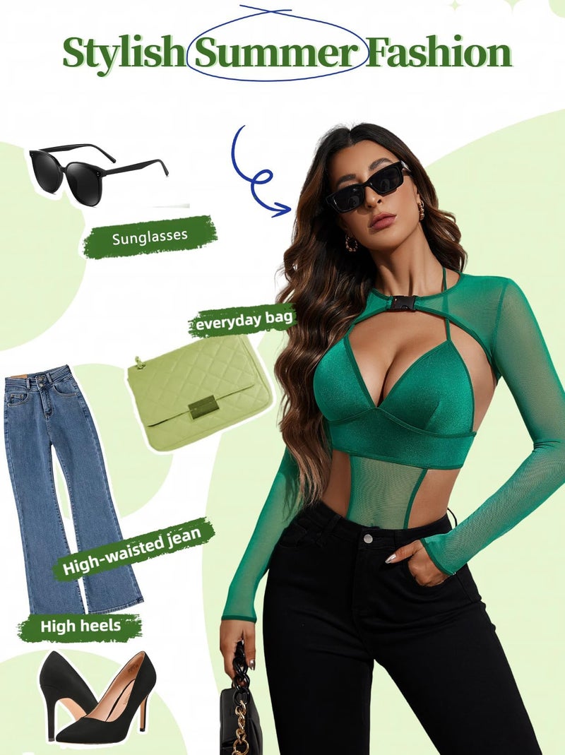 GirlFriend Women Lingerie Set Lace Teddy Strap Babydoll Lingerie Bodysuit Bikini with Flair Top Gown Floral Snap Crotch Green - Image 2